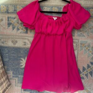 Bright Pink Juniors Puff-Sleeve Dress
